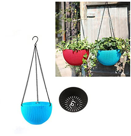 2 Stück Blumentopf Hängend Balkon Blumenampel, Kunststoff Rattan Hängekorb mit Kettenhaken, Selbstbewässerung Blumenampeln für Garten, Balkon, Fensterbank (Blau,Mit selbstansaugendem Baumwollseil)