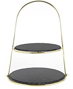 ECHTWERK Etagere-/ Servier-Ablage für Gebäck, Obst, Käse und Dessert mit 2 Ebenen aus Naturschiefer und Bügelgriff, Gebäckständer, Ø Schieferplatten ca. 25/30 cm, Gold-Edition