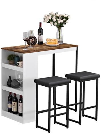 Panana 3 Piece Dining Table Set Kitchen Bar Table with Two Stool Storage Shelves Wood Counter Height Table Top with Sew Kerf Finish Dining Room Home