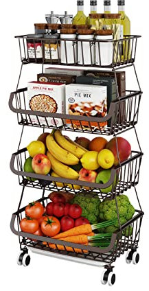 Fruit Vegetable Storage Basket for Kitchen - 4 tier Stackable Metal Wire Baskets Cart with Rolling Wheels Utility Fruits Rack Produce Snack Organizer Bins for Pantry Bathroom Laundry Bronze