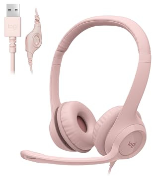 Logitech H390 Wired Headset for PC/Laptop, Stereo Headphones with Noise Cancelling Microphone, USB-A, in-Line Controls, Works with Chromebook - Rose