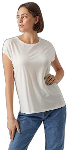 VERO MODA Damen Einfarbiges Stretch T-Shirt Basic Rundhals Top Oberteil Tief Angesetzte Schultern VMAVA