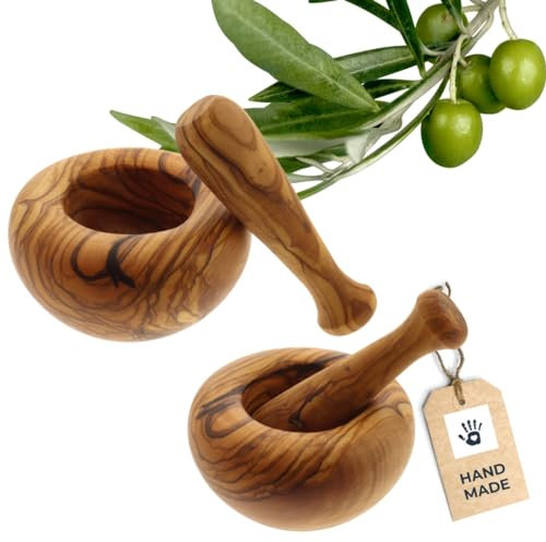 2x HOFMEISTER® Mörser und Stößel, 2er Set aus Olivenholz, auffällige Maserung, hart und robust, zum Zerstoßen von Gewürzen und Kräutern, Durchmesser 10 cm (2 Stück)