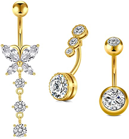 FECTAS 3stk Bauchnabelpiercing 10mm Gold Chirurgenstahl Schmetterling Bauchpiercing Piercing Bauchnabel Schmuck