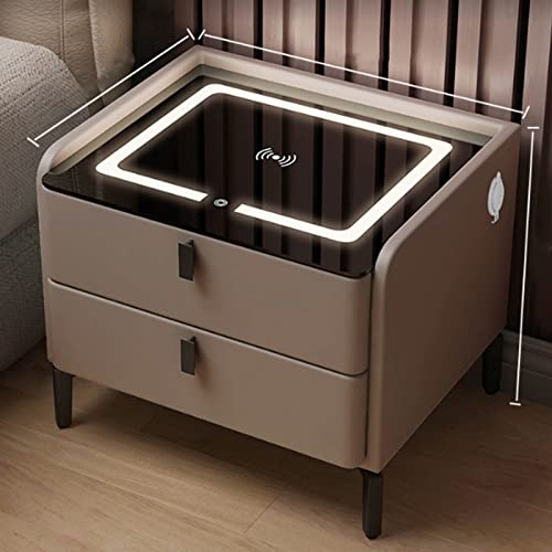 Bedside table with LED, bedside table with drawer, bedside table with built-in speaker, with tri-color LED light, with fingerprint lock, with bluetooth speaker, for bedroom ( Color : Khaki , Size : 35
