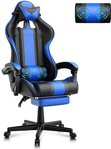 Ferghana Gaming Stuhl mit Fußstütze Ergonomischer Gaming Sessel Chair mit Kopfstütze Bürostuhl PC Stuhl Gamer Racing mit Lendenkissen Computerstuhl Leder Blau