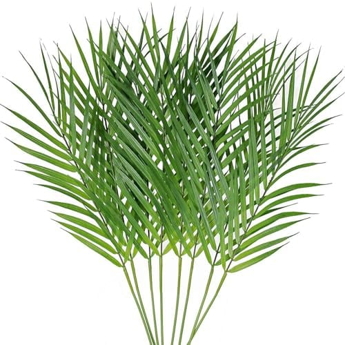 Weldomcor Lot de 8 tiges de feuilles de palmier artificielles en plastique synthétique d'arreca tropical branches de palmier pour le dimanche de palmier hawaïen Luau jungle mariage fête d'anniversaire