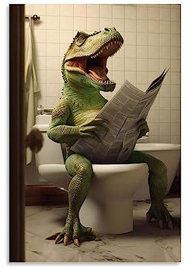 WEERSHUN Dinosaurier T-Rex auf Toilette Zeitung Lesend - Kinder Badezimmer Humor Wandkunst - Lustiges Tier auf Toilette Schwarzes Leinwand Poster 90er Jahre Ästhetik 12x18 Zoll (30x45cm)