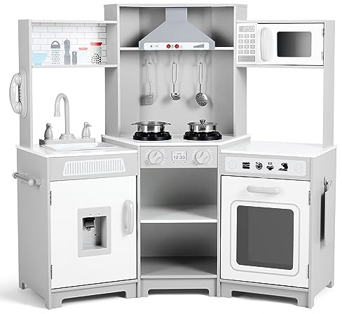 JOYLDIAS Kids Play Kitchen,Corner Wooden Pretend Toddler Kitchen Toys Playset, Realistic Lights & Sounds,Microwave Oven,Water Dispenser, Phone, Sink,Cooking Accessories, for Toddlers Ages 3+, White