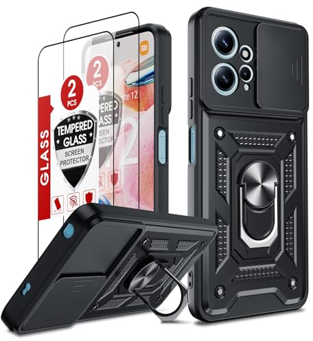 LeYi Handyhülle für Xiaomi Redmi Note 12 4G Hülle [2 Hartglas Schutzfolie], Kameraschutz Hybrid Schutzhülle Metall Ring Ständer Cover Case Kamera Schiebeabdeckung Militär Standard Handy Hüllen Schwarz