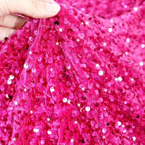PATYDEST Tessuto con paillettes rosa acceso al metro 1,8 m tessuto di velluto con paillettes per costumi da festa Shimmer tessuto ricamato glitter tessuto per abiti cucito paillettes metalliche