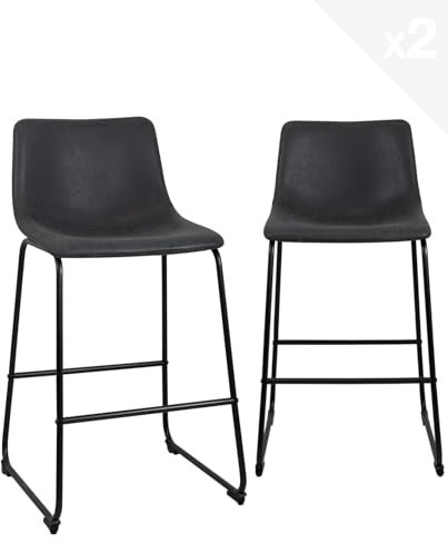KAYELLES Lot de 2 tabourets chaises de Bar industriels, siège Hauteur d'assise 65 cm avec Dossier, Simili Cuir Effet Vintage rembourré, Pieds métal Noir Helio 64 (Noir Gris)