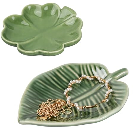 Granvoo Plato de joyería de porcelana, 2 platos de baratijas de hojas Bandeja de Joyas Ceramica Bandeja de Placa para Joyas, bandeja de llaves, Bandejas Decorativa Para Llaves, Anillos, Pendientes