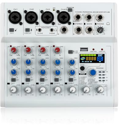 7-Kanal-Studio-Audio-Mixer, Stereo Sound Mischkonsole, Mischpult mit USB Bluetooth, Anzeige, 88 Arten von DPS Digitalen Effekten für Recording DJ Stage Karaoke Bars Aufnahmestudios, 48V Phantom Power(