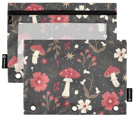 Fustylead Aesthetic Red Fly Agaric Flowers and Twigs Pencil Pouch Fits Standard 3-Ring Binders, Zipper Binder Pencil Bag with Clear Window for Office Class 2 Pack, braun