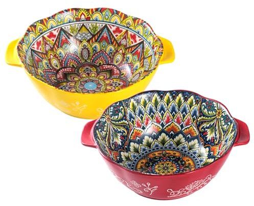 Henten Home Set de 2 Grands Bols à Salade Colorés - 1450ml, Style Bohème Avec Poignées Pour Céréales, Soupe, Cornflakes