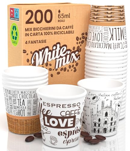 Lot de 200 gobelets en papier pour café, 65 ml, blanc, mélange, verres écologiques, biodégradables, jetables, petits emporte-pièces chaudes