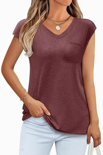 Zeagoo T-Shirt Damen Elegant Basic Tshirt Flügelärmeln V-Ausschnitt Oberteile Slim Fit Tops Casual Einfarbig Shirts Tunika Rot XXL