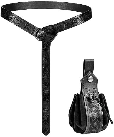 DIELOVEHUA 2pcs Halloween Nekromanten Anzug, Mittelalter Kleidung Herren Damen, Mittelalter Gürtel mit Gürteltasche, Wikinger Kleidung, Mittelalter Kostüm für Cosplay Halloween Zauberer