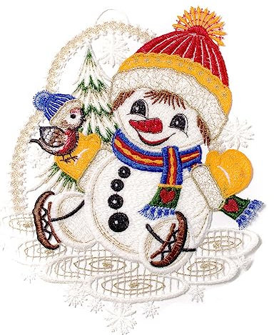 Fensterbild Winter Schneemann mit Schlittschuhen aus Spitze