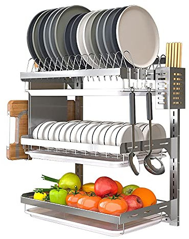 Escurridores de platos, escurridor de platos de acero inoxidable montado en la pared, escurridor de platos con bandeja de 3 niveles, escurridor de almacenamiento para encimera de cocina, resisten