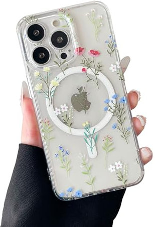 RALEAVO Magnetic Case for iPhone 14 Pro, Compatible with Magsafe Cute Flower Girls & Women Clear Case Silicone Shockproof Protective Cover with Floral Pattern Case for iPhone 14 Pro-Daisy