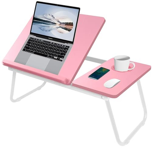 Laptop Desk, Laptop Bed Table with Foldable Legs & Cup Slot, Tray for Bed, Sofa Breakfast Folding Table Lap Desk Notebook Stand for Reading Writing Working (Pink)