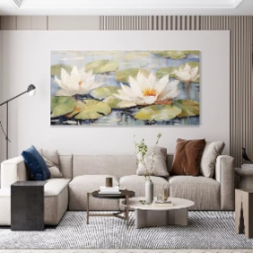 Blühende weiße Seerosen, Kunst, grüne Pflanzen, Malerei, Landschaftskunst, Leinwand, gemaltes Gemälde, Lotusblume, Wandkunst, 20 x 40 cm, rahmenlos