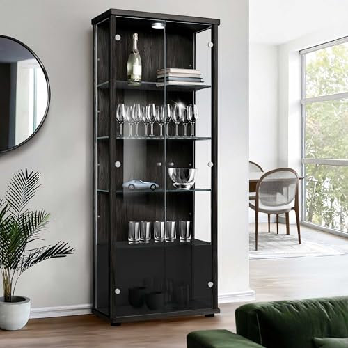 K-Möbel Vitrinenschrank 2-türig (176x67x33cm) - Made in Germany - Standvitrine Schwarz mit 4 höhenverstellbaren Glasböden & LED - Glasvitrine Stehend - Vitrine Glas - Display Cabinet