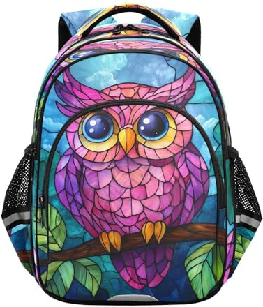 RPLIFE Kinderrucksack mit Eulen-Motiv, 38,1 cm, für Mädchen und Jungen, elementarer Kinderrucksack, Eulen-Buntglas-Muster, S