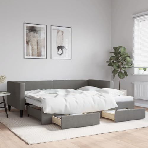 Brokky Tagesbett Ausziehbar mit Schubladen Dunkelgrau 90x200 cm Tagesbett Ausziehbar Bett Mit Stauraum Bett Zum Ausziehen Bett Mit Schubladen Stoff / 3196615