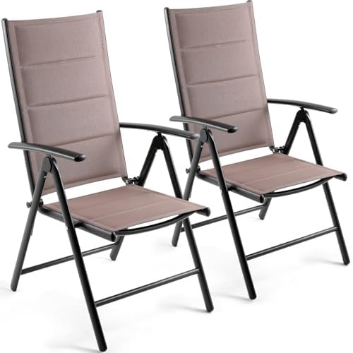 LIFERUN Gartenstühl Hochlehner, 2er Set Balkonstuhl mit Gesteppte,Aluminium | 7-Fach Verstellbar,Bis 120 kg, Kissen Rückenlehne Sitzfläche, Outdoor Esszimmerstuhl, Armlehnen Klappstuhl, braun, 2 PCS