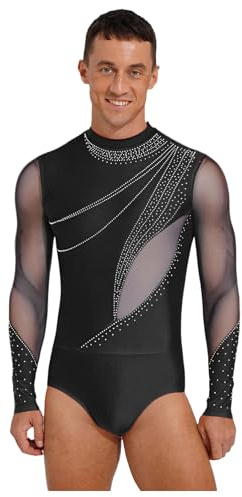 CHICTRY Men Long Sleeve Rhinestone Latin Ballroom Dance Leotard Ballet Leotards Gymnastics Skating Dancewear Black M