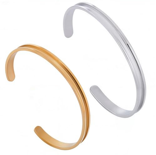 SUNNYCLUE 1 boîte de 4 bracelets Vierges en Acier Inoxydable Bracelets Élastiques à Cheveux en Métal Argenté et Doré en Forme de C Bracelets Rainurés de 3mm de Largeur pour la Fabrication de Bijoux et