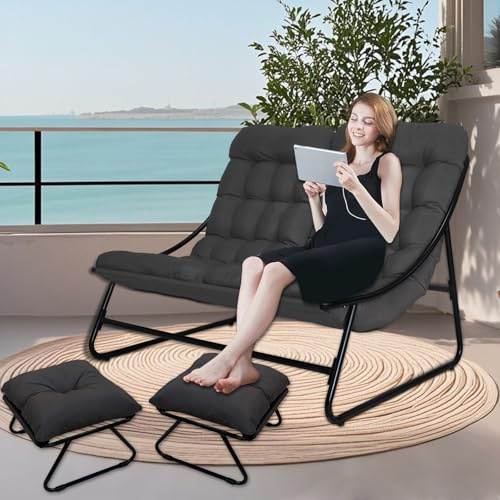 OVLRIJP Loungesessel Outdoor, Outdoorsessel, Doppelliege Outdoor, Gartensessel mit 8cm Auflage Abnehmbar, Gartenliege 2 Personen, Relaxsessel für Garten,Terrasse (Schwarz/mit 2 Hocker)