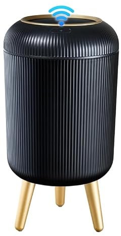 sapisecret Poubelle automatique électrique 10L à capteur, ronde, noire | Poubelle avec couvercle, design à lignes verticales et 3 pieds; limite les odeurs, pour cuisine, salle de bain, bureau et WC.
