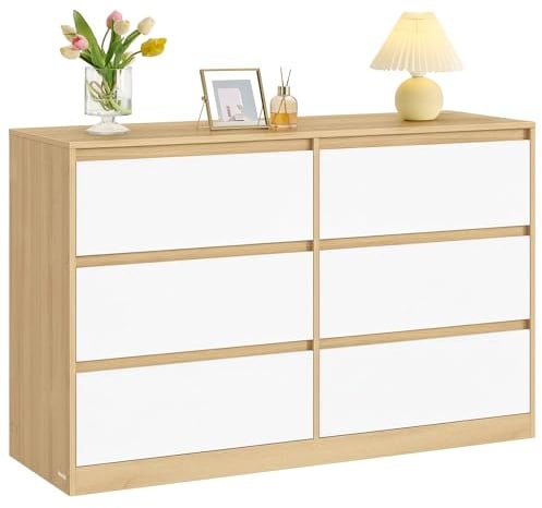 VASAGLE Kommode mit 6 Schubladen, Kommodenschrank, Schubladenschrank, Wäschekommode, für Schlafzimmer, 40 x 119,4 x 75 cm, Modern Kailyn Kollektion, mandelgelb-wolkenweiß LTS616YJ01