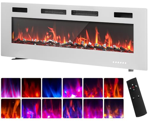 LSLIFE 42/50/60Inch Wall Mounted/Recessed/Freestanding Electric Fireplace | 750W/1500W; 8cm Ultra-thin; Touch Screen & Remote Control; 12 Flame Colors Crystal & Log Set; Adjustable Flame Color & Speed