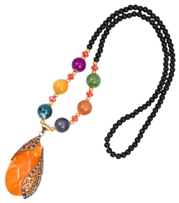 LIGIGWASH Collana per Maglioni Donna in Stile Bohémien Ciondolo Ovale in Agata Arancione e Perline Colorate, Gioiello Decorativo Colorato per Abiti, Accessorio Elegante per Regali