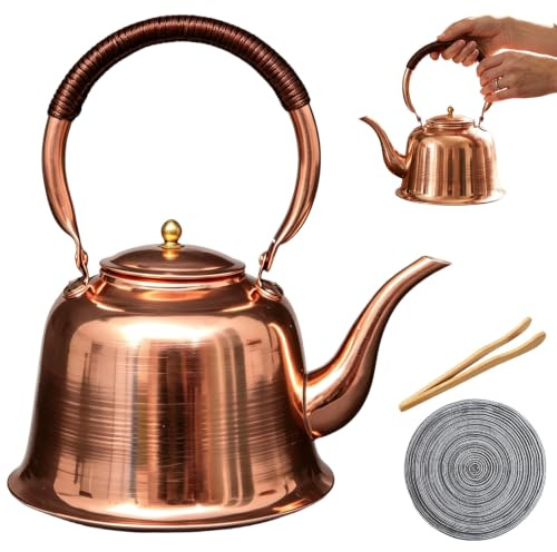Generic Solid Copper Tea Kettle Stovetop, Kettle Stovetop Easy to Clean Vintage Tea Pot, Large Capacity with Cool-Touch Rope Handle, for Induction, Electric, Gas Stoves