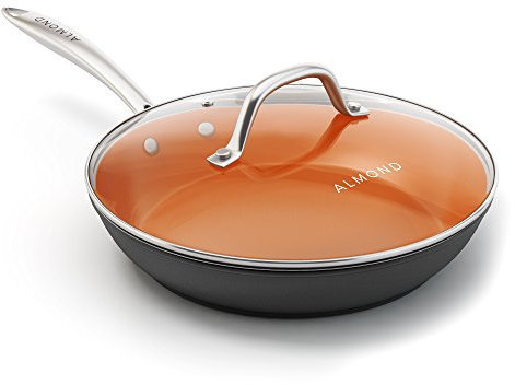 Poêle à frire en cuivre, en céramique 25,4 cm antiadhésive Sauteuse avec couvercle en verre, lave-vaisselle et au four Poêle à frire en Amande