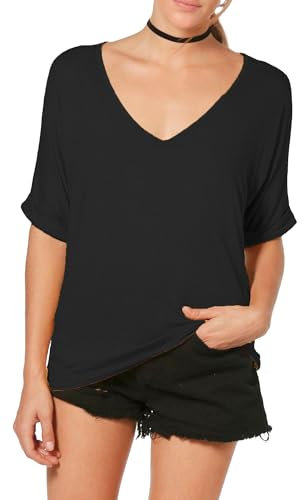 Re Tech UK - Camiseta Ancha para Mujer - Cuello de Pico y Manga murciélago con Vuelta - Estilo Informal y Holgado - Negro - XXL - UK 20-22/EU 48-50 (Talla Grande)