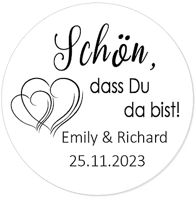 48 Stk personalisiert 'Schön, dass Du da bist!' Aufkleber Doppelherz Hochzeit Gastgeschenk Sticker - 4 cm Runde Hochzeitssticker Papieraufkleber Etiketten für Tischdeko,Flaschen,Tüten - Rd 274