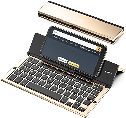 Geyes Folding Bluetooth Keyboard, Wireless Foldable Keyboard with Portable Pocket Size, Aluminum Alloy Housing, Carrying Pouch, for iPad, iPhone, and More Tablets, and Smartphones(Gold)