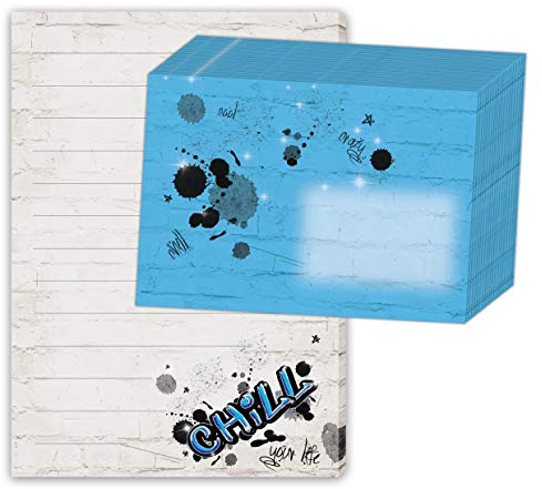 Schreibblock/Briefblock GRAFFITI DIN A5 (liniert 50 Blatt) inklusive 20 passenden Umschlägen/Briefpapier Kinder/Briefpapier Set Teens/cooles Briefpapier mit Linien
