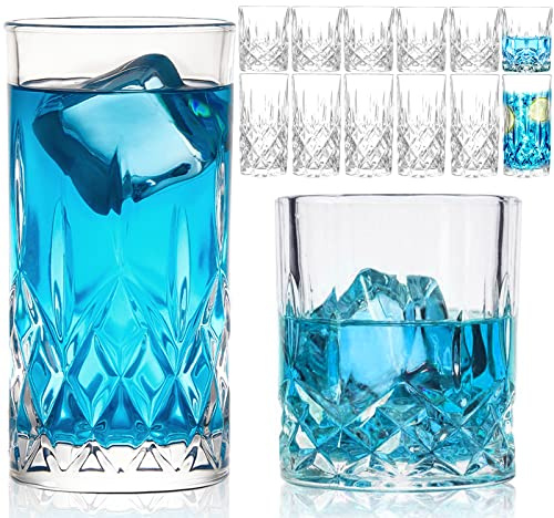 Claplante Drinking Glasses, 12 Piece Crystal Glass Cups, Mixed Glassware Set, 6 pcs Crystal Old Fashioned 11oz Highballs and 6 pcs 11oz Whiskey Glasses, Great for Cocktail, Whisky and other Beverages