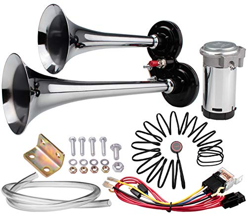 FARBIN Auto Horn 12V 150db Super Loud Air Hupe, Chrom Zink Dual Trompete Air Horn, LKW Hupen mit Kompressor Drahtbaum und Knopf, für alle Fahrzeuge (12V, Doppelrohr Luft horn mit Knopf)