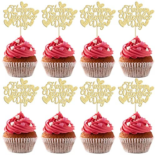 Gyufise 36Pcs Happy Valentine's Day Cupcake Toppers with Heart Glitter Sweet Love Theme Valentine's Day Cupcake Food Picks Valentine's Day Theme Birthday Party Cake Decorations Supplies Gold