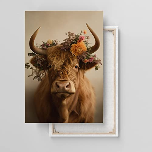 Dekomundo Highland Kuh mit Blumenschmuck Exklusives Leinwandbild Wohnzimmer Schlafzimmer Wandbild, 50x70 cm