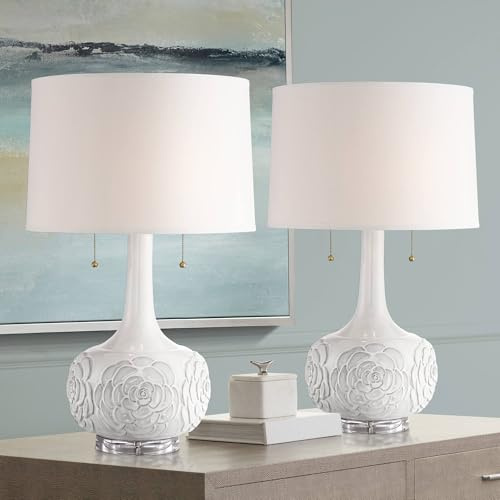 Possini Euro Design Natalia 27 Tall Modern Luxe Country Cottage Table Lamps Set of 2 Pull Chain White Floral Ceramic Living Room Bedroom Bedside Nightstand House Office Home Reading Kitchen